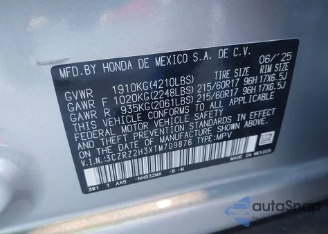 2026 Honda Hr-V Awd Lx z USA, uszkodzony, nr VIN 3CZRZ2H3XTM709876